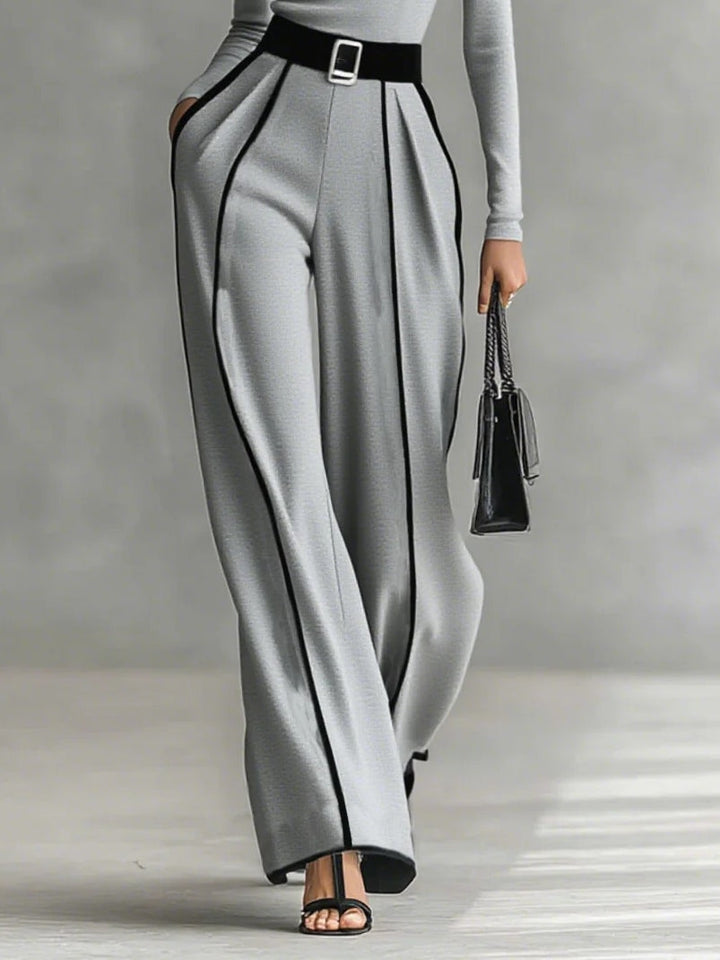 White Trim High-neck Top & Wide-leg Pants Set
