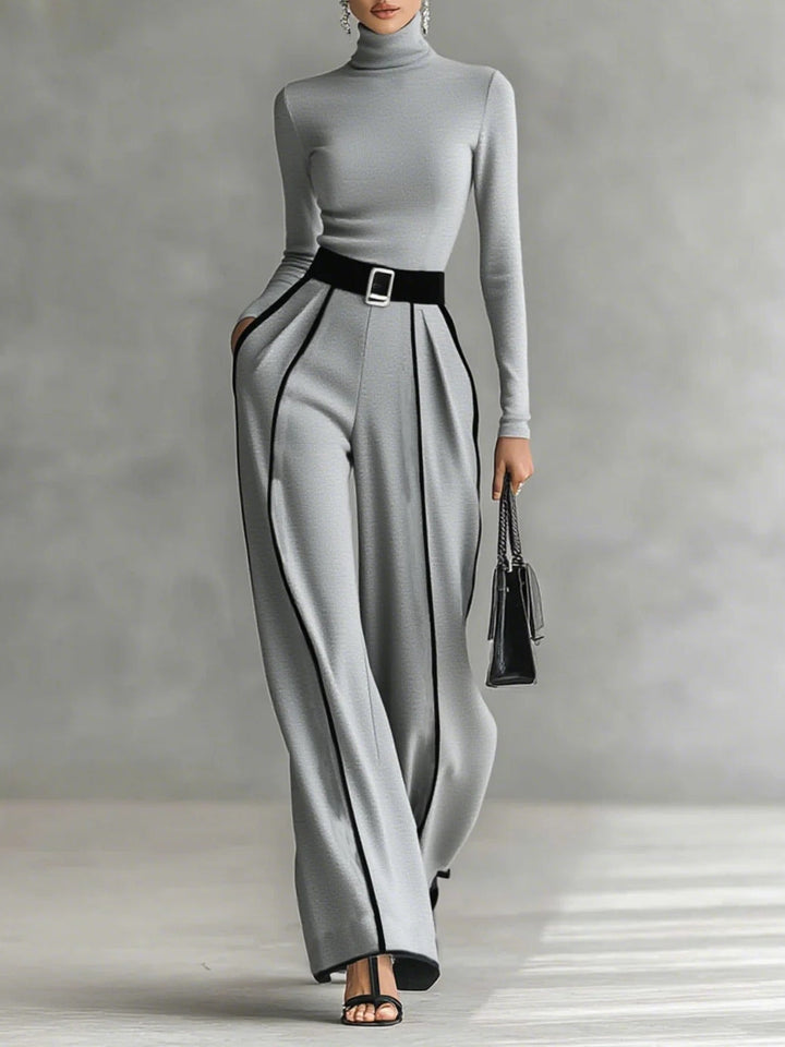 White Trim High-neck Top & Wide-leg Pants Set