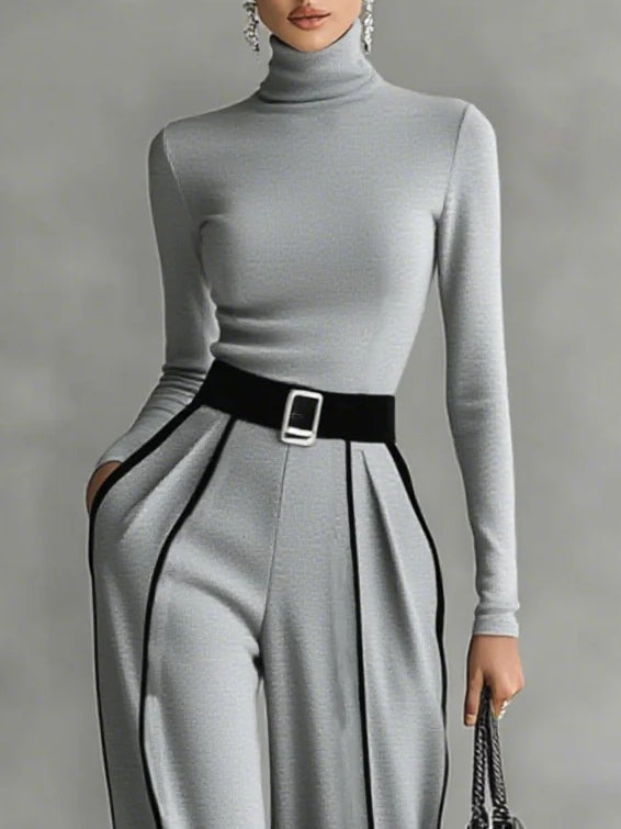White Trim High-neck Top & Wide-leg Pants Set