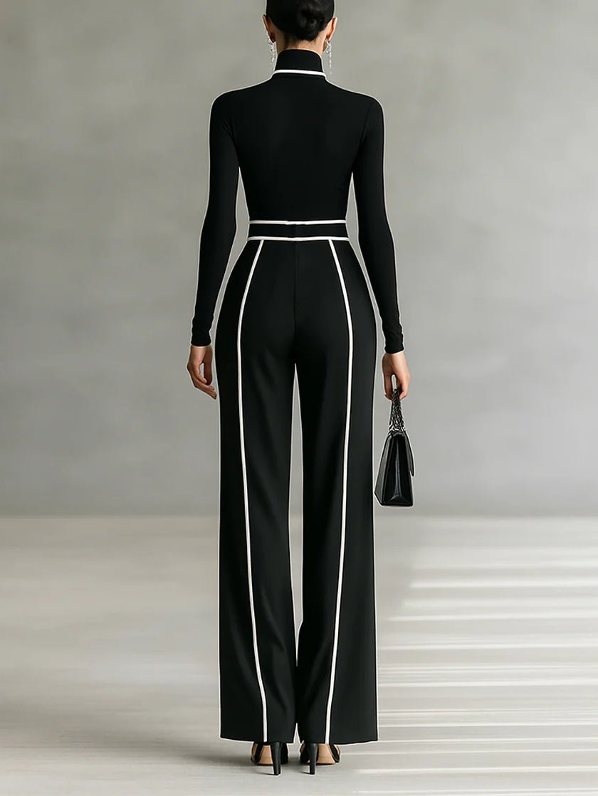 White Trim High-neck Top & Wide-leg Pants Set