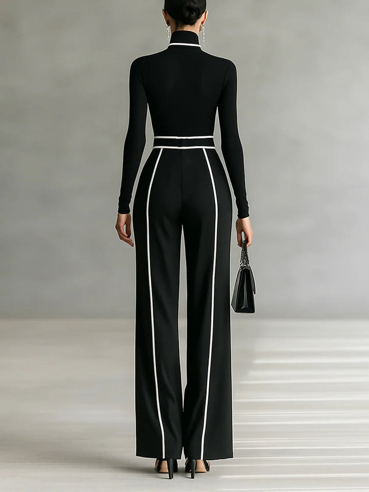 White Trim High-neck Top & Wide-leg Pants Set