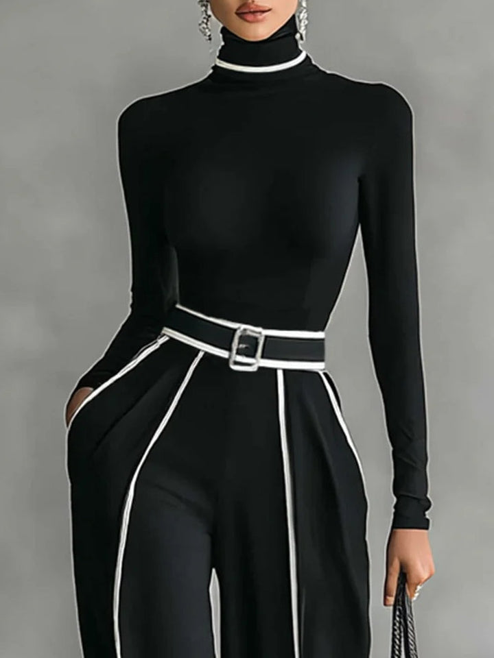 White Trim High-neck Top & Wide-leg Pants Set
