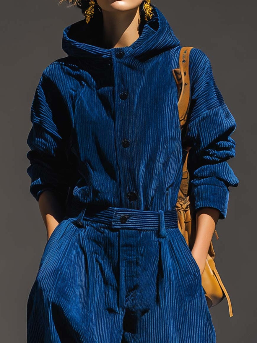 Blue Corduroy Hooded Top & Wide-leg Pants Set