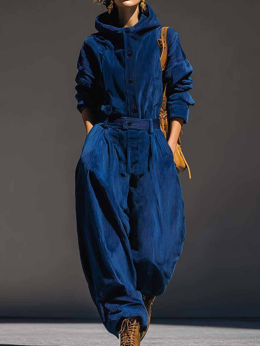Blue Corduroy Hooded Top & Wide-leg Pants Set