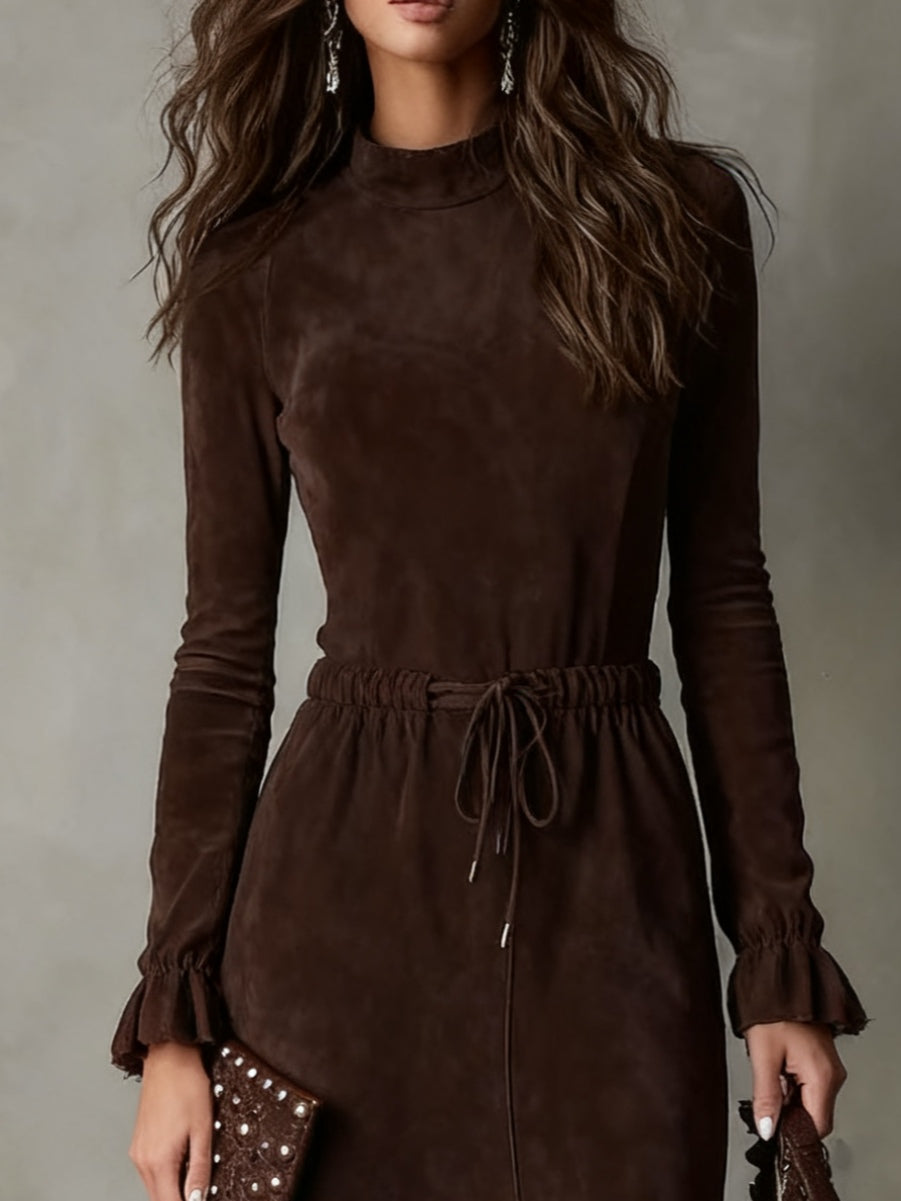 Elegant Dark Brown Drawstring Irregular Midi Dress