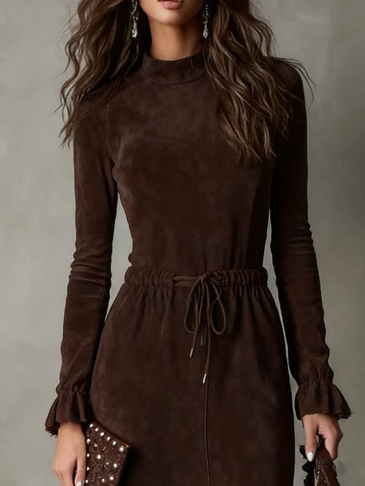Elegant Dark Brown Drawstring Irregular Midi Dress