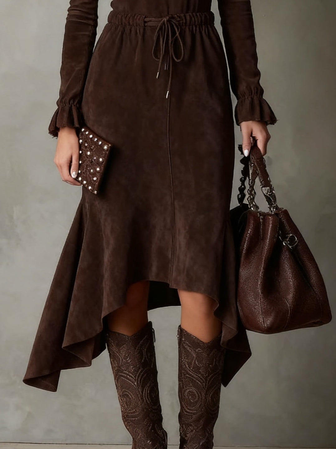 Elegant Dark Brown Drawstring Irregular Midi Dress