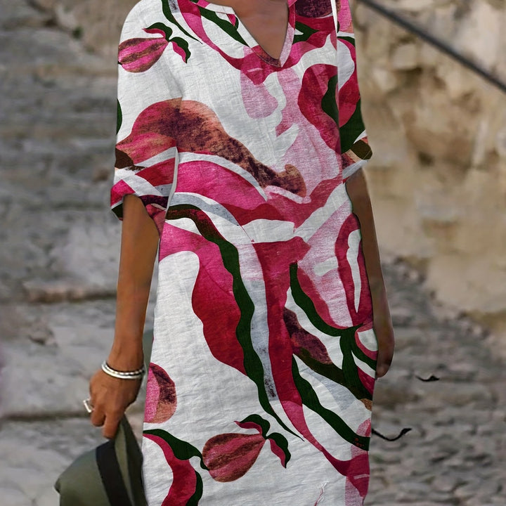 Alexandra | 100% Linen V-Neck Printed Dress