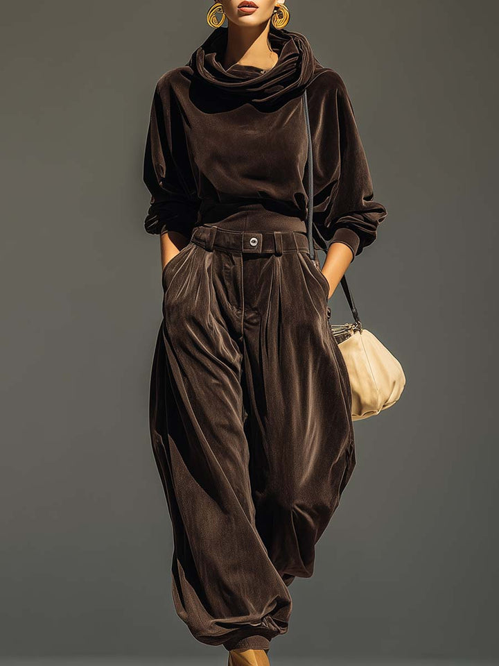 Vintage Brown Hoodie & Loose-Fitting Trousers Set (Includes Belt)