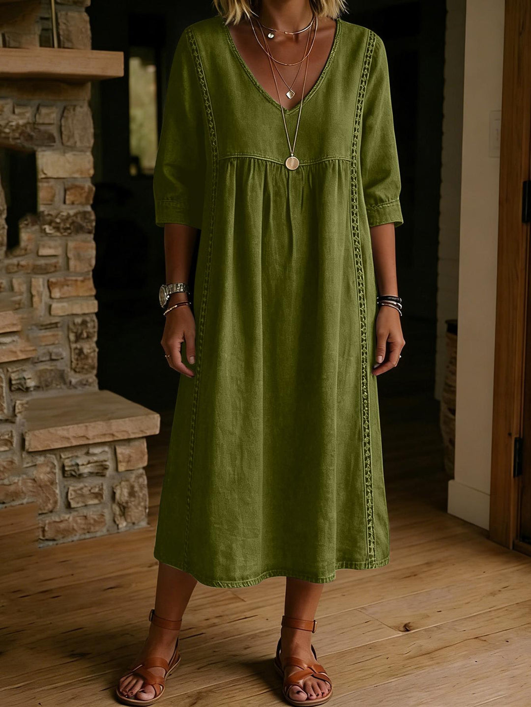 Adeline | Linen Blend V-Neck midi dress