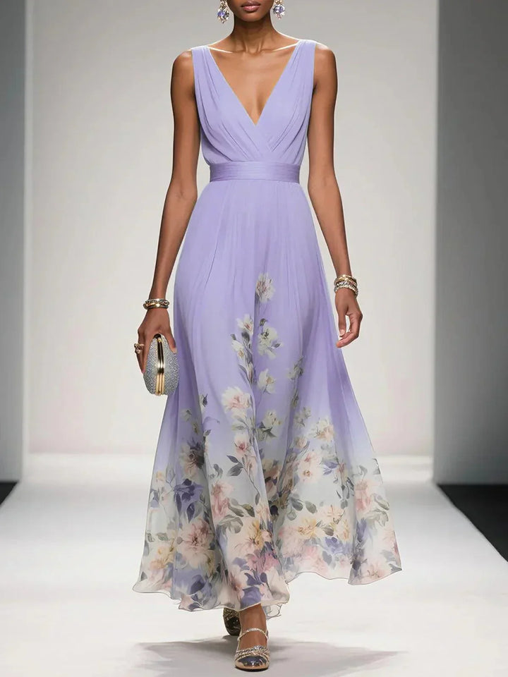 Rose | Light Blue Floral Chiffon V-Neck Maxi Dress