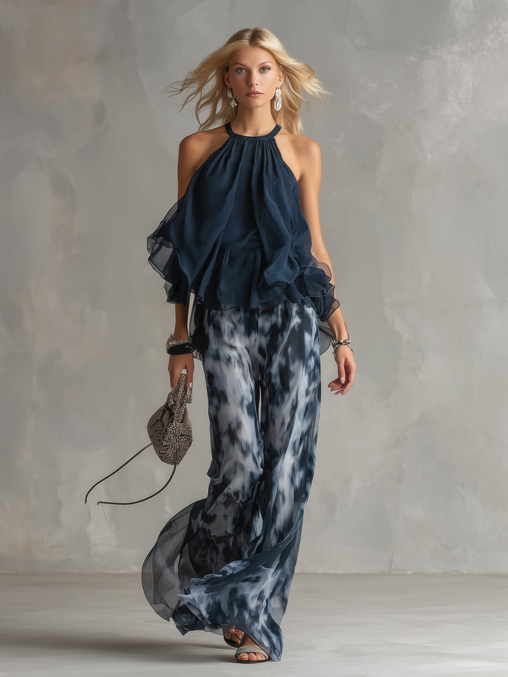 Ludovica - elegant in chiffon with a high-neck top and wide printed trousers