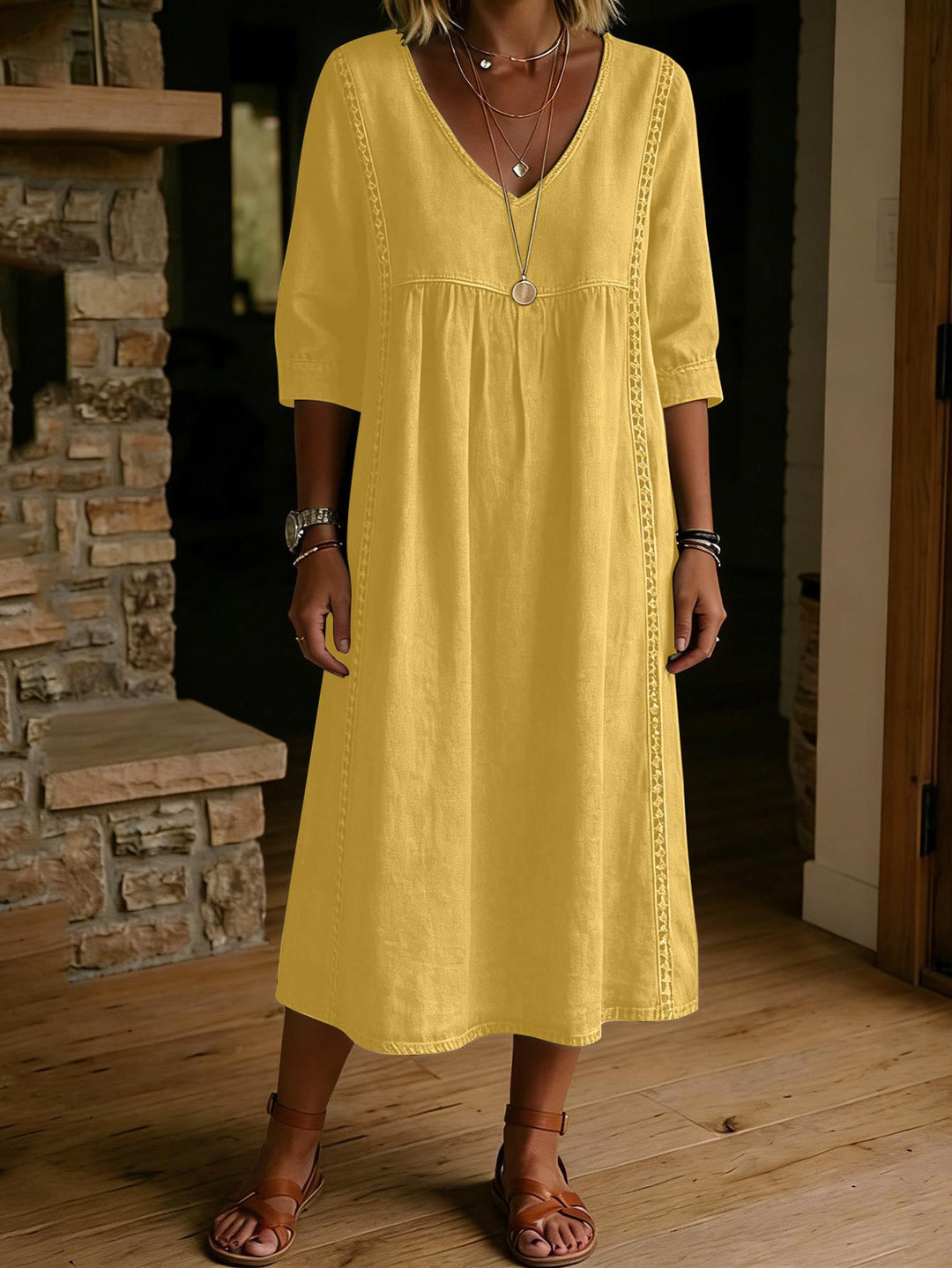 Adeline | Linen Blend V-Neck midi dress