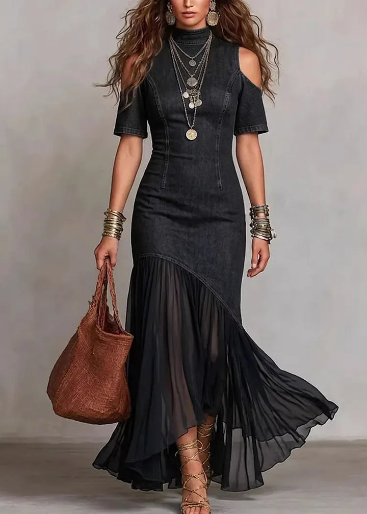 Lilibeth | Chic Cold Shoulder Tulle Patchwork Denim Dress