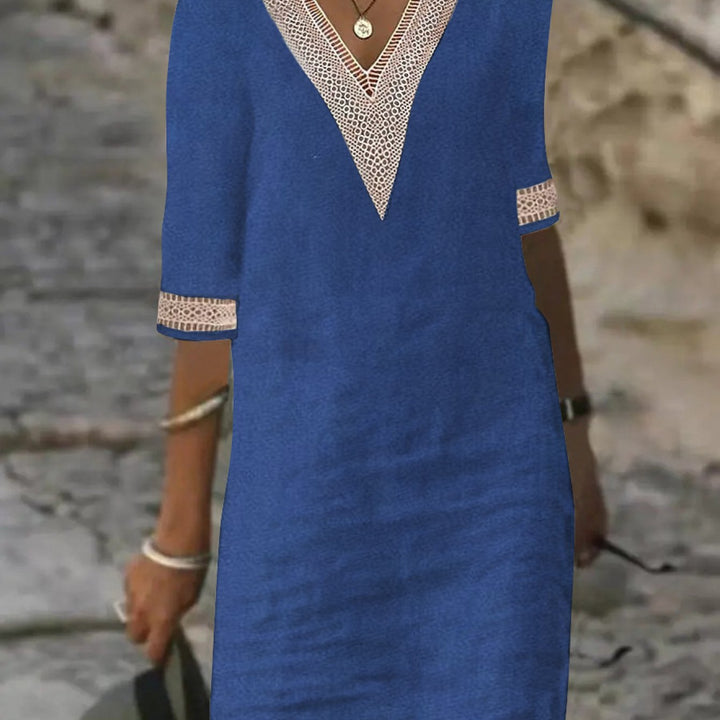 Angelica | Linen-blend Color V-Neck with Lace Trim