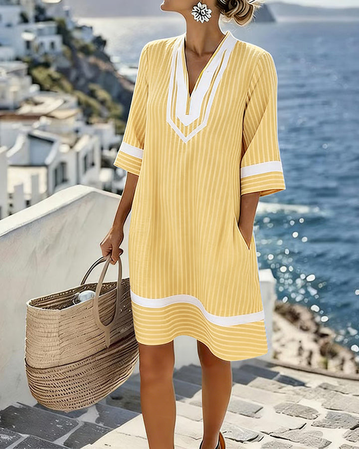 Veronica | Cotton blend V-Neck Short Sleeve Striped Dress