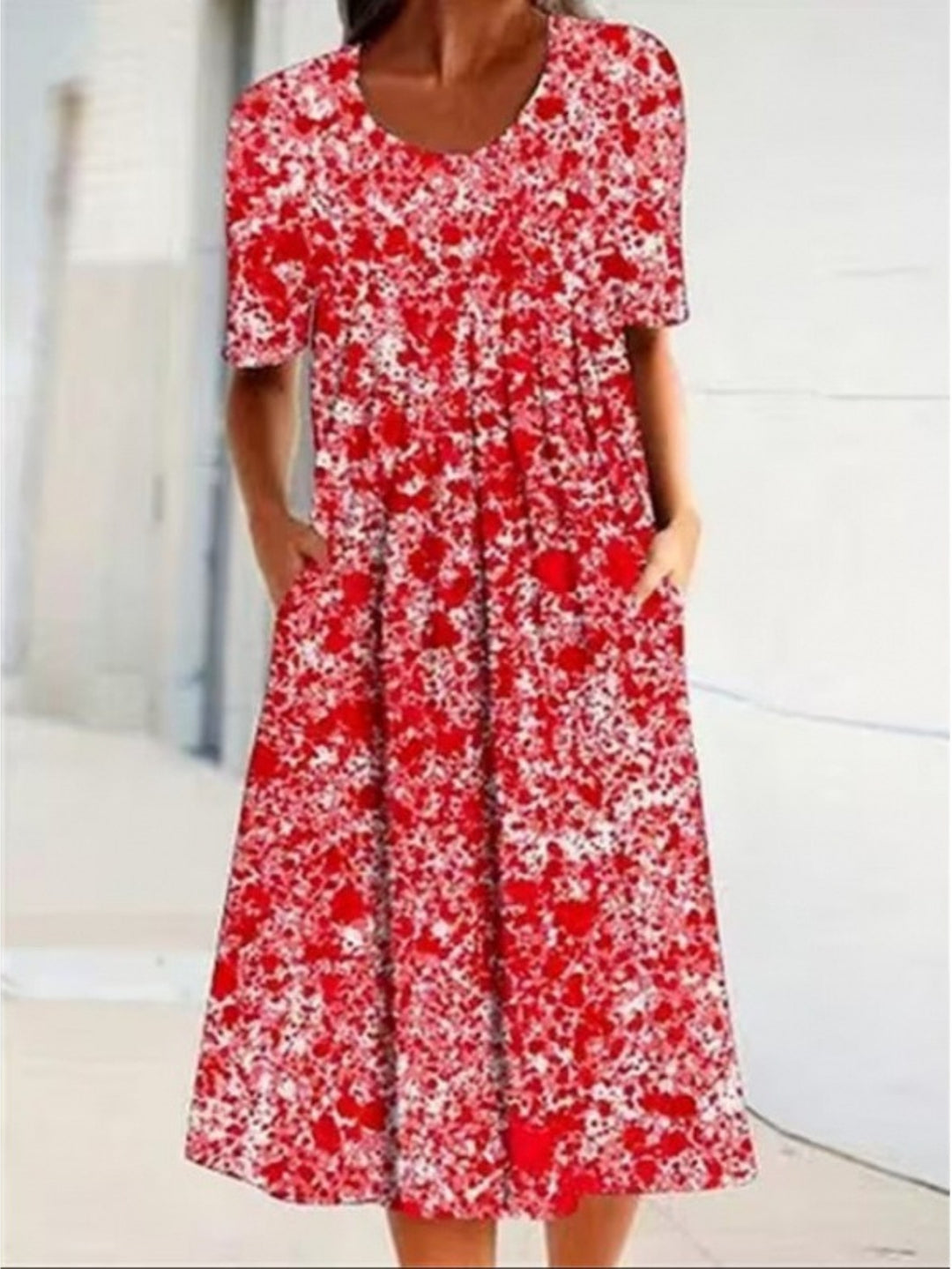 Floral Round Neck Pocket Midi Dress | Spring Summer Women'S Casual Feminine Gown, Modern Artistic Design, Layered Chic Look, Relaxed Everyday Style