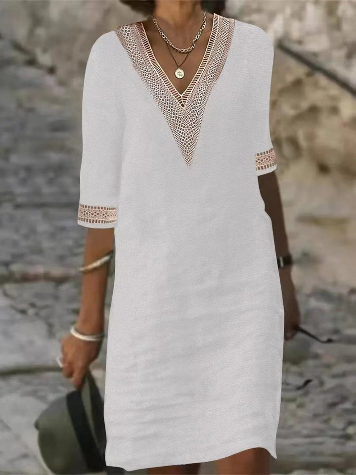 Angelica | Linen-blend Color V-Neck with Lace Trim