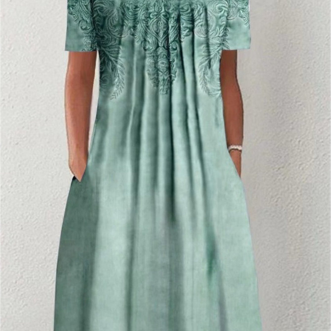 Floral Round Neck Pocket Midi Dress | Spring Summer Women'S Casual Feminine Gown, Modern Artistic Design, Layered Chic Look, Relaxed Everyday Style