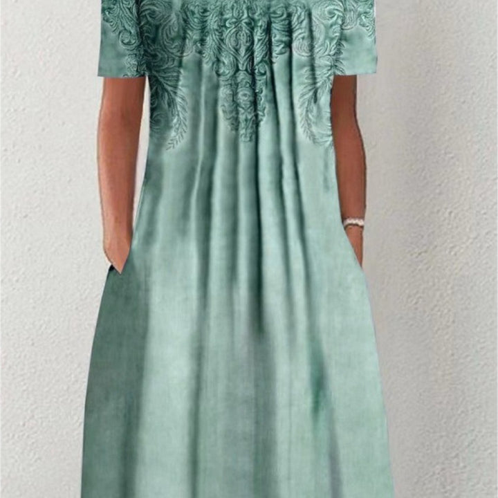 Floral Round Neck Pocket Midi Dress | Spring Summer Women'S Casual Feminine Gown, Modern Artistic Design, Layered Chic Look, Relaxed Everyday Style