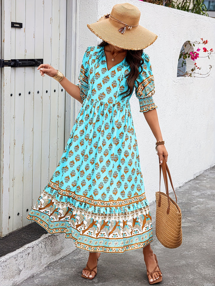 Alicia | Elegant Bohemian Style Long Dress with Lantern Sleeves