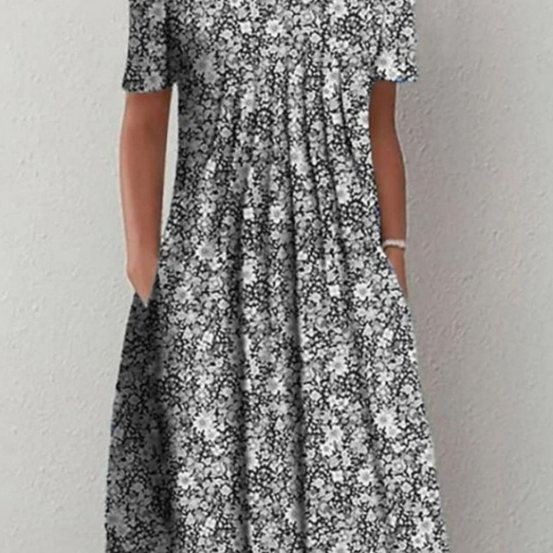 Floral Round Neck Pocket Midi Dress | Spring Summer Women'S Casual Feminine Gown, Modern Artistic Design, Layered Chic Look, Relaxed Everyday Style