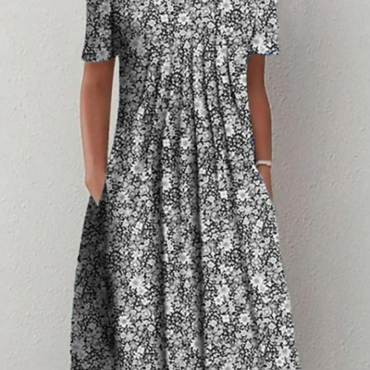 Floral Round Neck Pocket Midi Dress | Spring Summer Women'S Casual Feminine Gown, Modern Artistic Design, Layered Chic Look, Relaxed Everyday Style