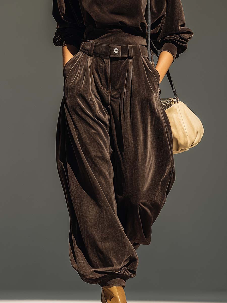 Vintage Brown Hoodie & Loose-Fitting Trousers Set (Includes Belt)