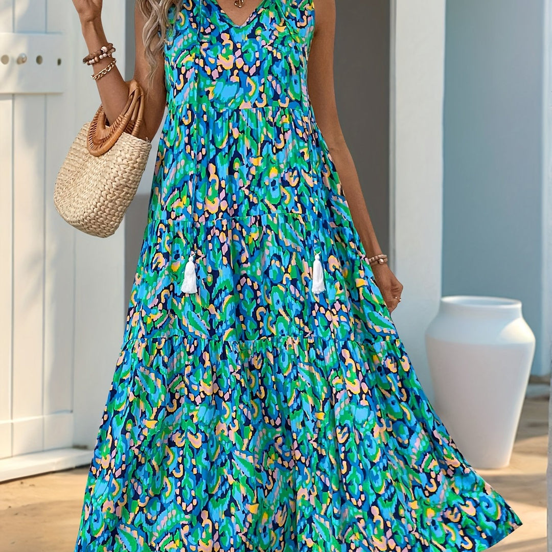 Jennifer | Sleeveless Bohemian Style Fringed Tie-Up Printed Dress