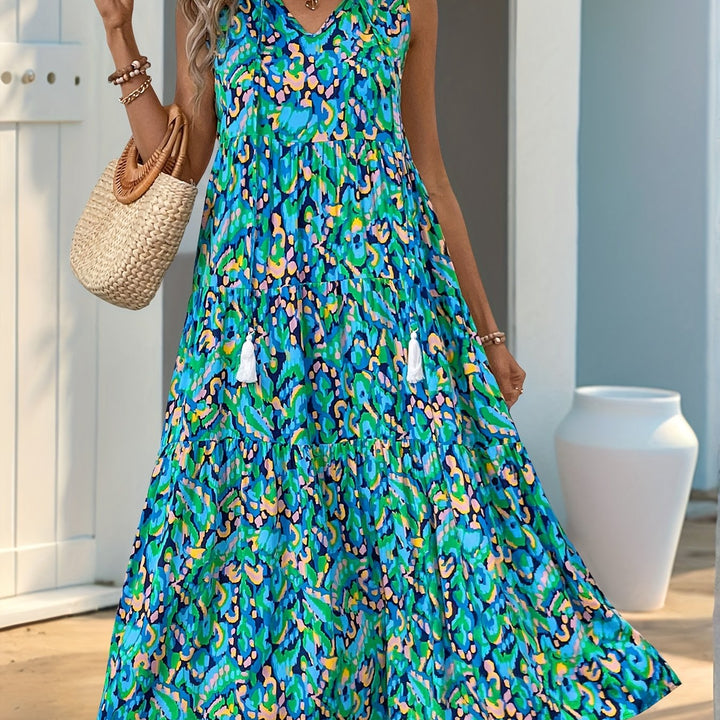 Jennifer | Sleeveless Bohemian Style Fringed Tie-Up Printed Dress