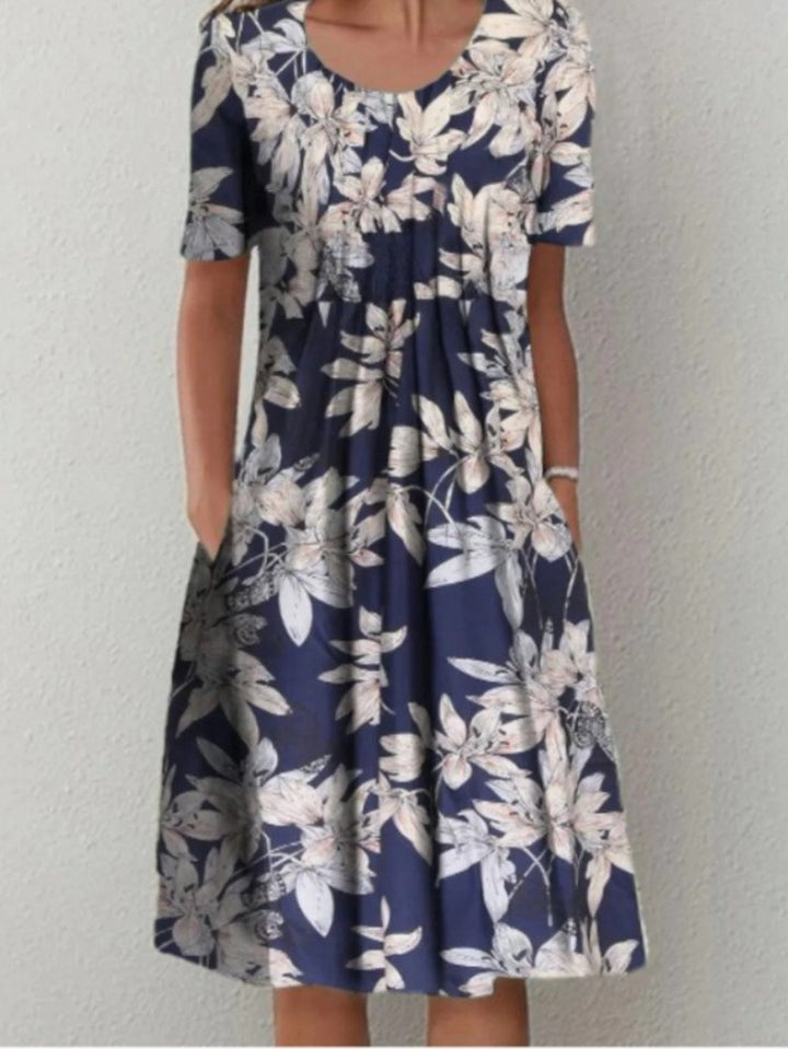 Floral Round Neck Pocket Midi Dress | Spring Summer Women'S Casual Feminine Gown, Modern Artistic Design, Layered Chic Look, Relaxed Everyday Style