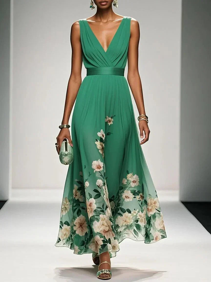 Rose | Light Blue Floral Chiffon V-Neck Maxi Dress