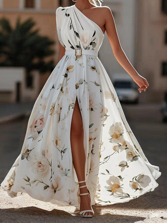 Julie | Light Green Floral Chiffon One-Shoulder Maxi Dress