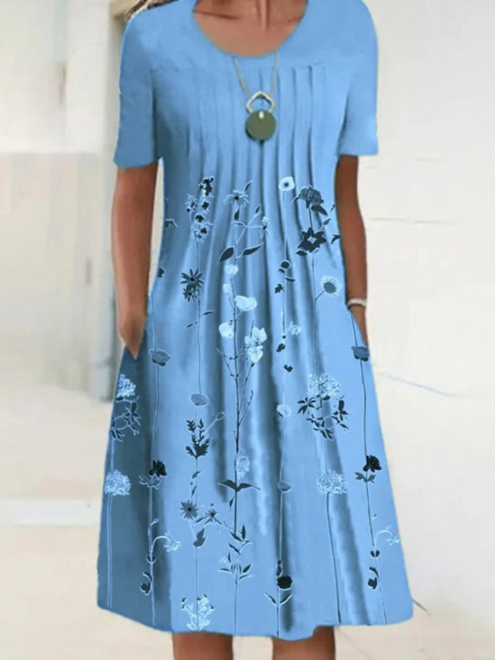 Floral Round Neck Pocket Midi Dress | Spring Summer Women'S Casual Feminine Gown, Modern Artistic Design, Layered Chic Look, Relaxed Everyday Style