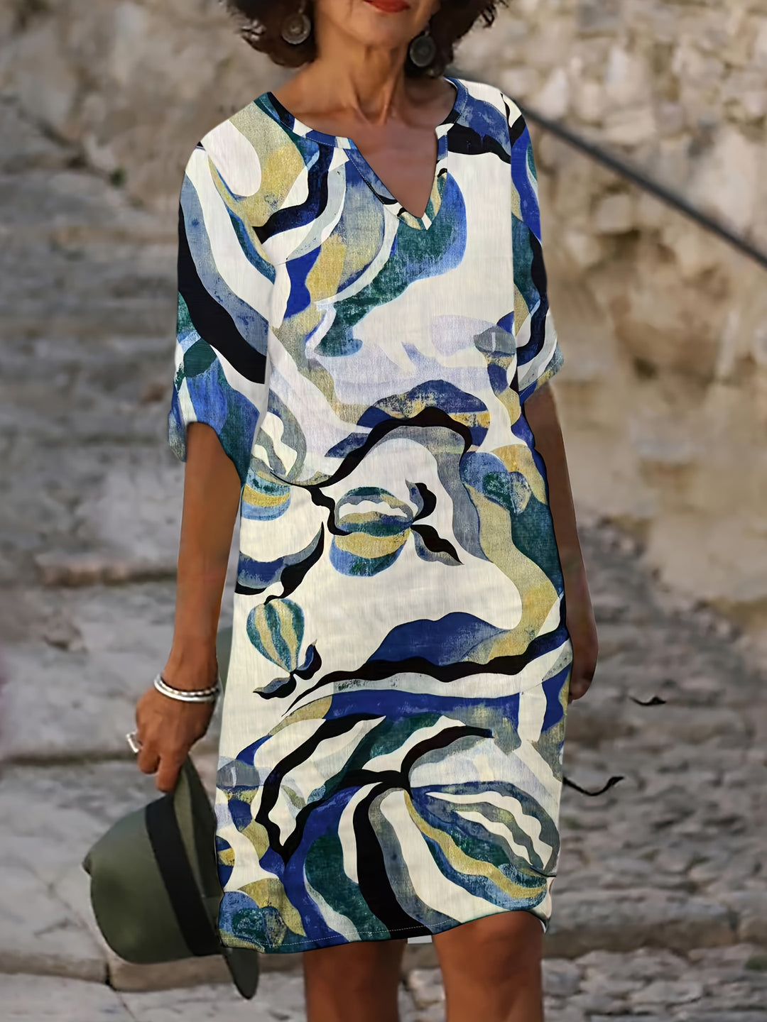 Alexandra | 100% Linen V-Neck Printed Dress