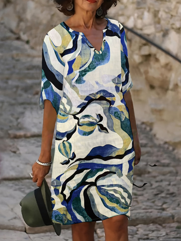 Alexandra | 100% Linen V-Neck Printed Dress