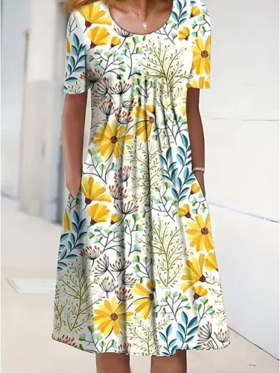 Floral Round Neck Pocket Midi Dress | Spring Summer Women'S Casual Feminine Gown, Modern Artistic Design, Layered Chic Look, Relaxed Everyday Style