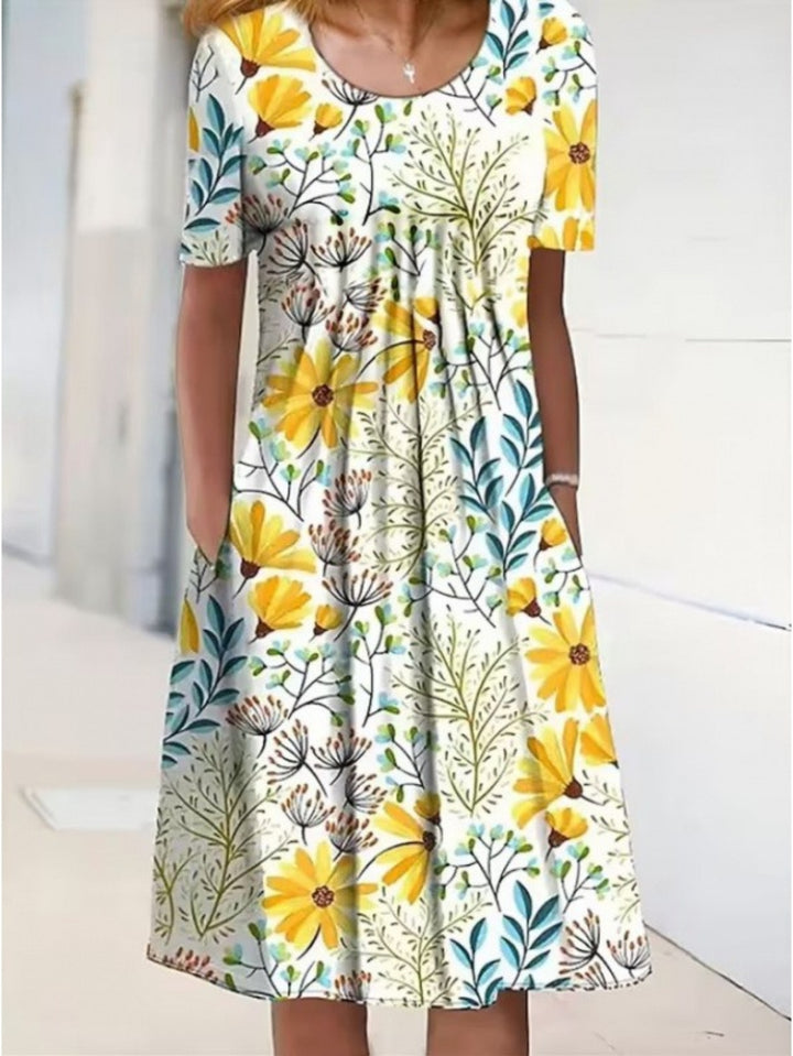 Floral Round Neck Pocket Midi Dress | Spring Summer Women'S Casual Feminine Gown, Modern Artistic Design, Layered Chic Look, Relaxed Everyday Style