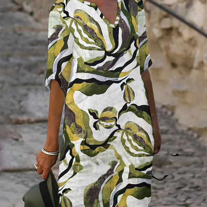 Alexandra | 100% Linen V-Neck Printed Dress