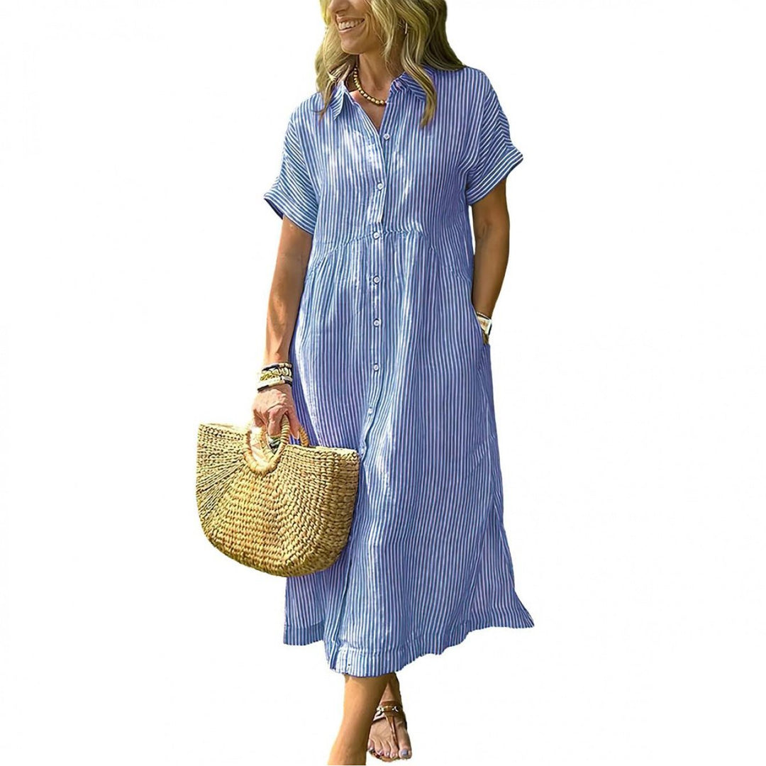 Amelia | Relaxed Midi Striped Dress with Bohemian Side Slits And Pockets