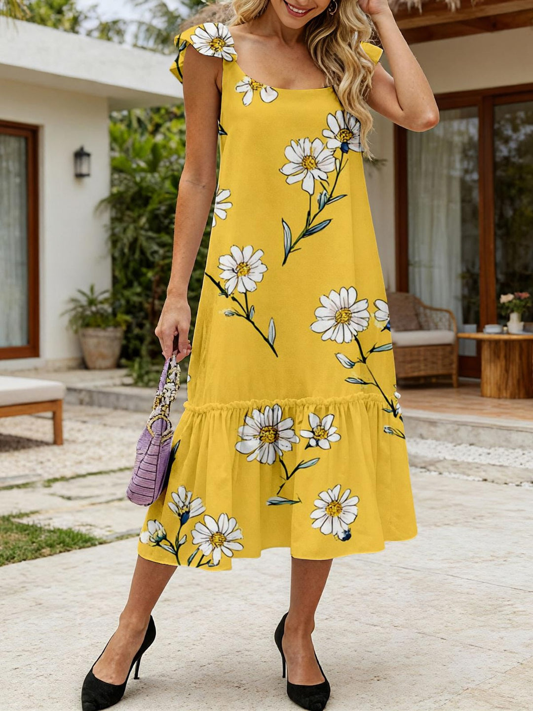 Anna | Fashionable Loose Mid-Length Dress with Ruffled Sleeves And Floral Print