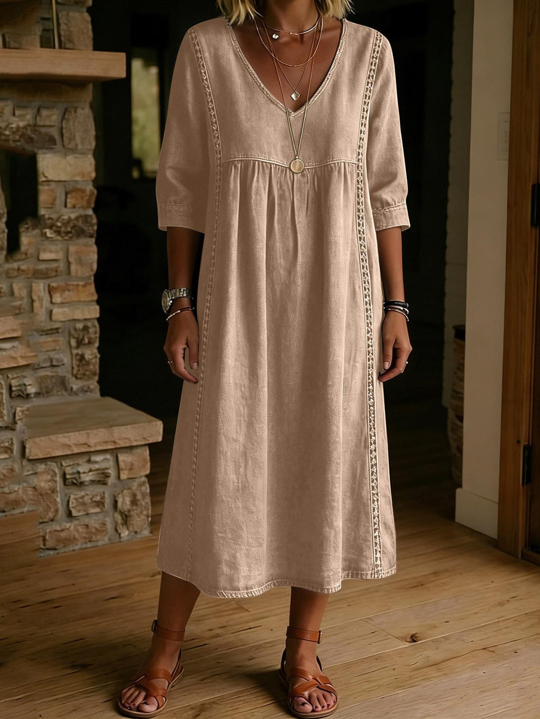 Adeline | Linen Blend V-Neck midi dress