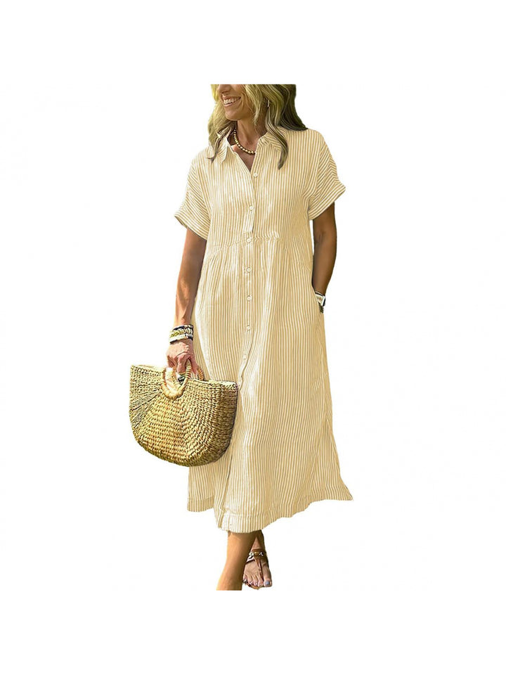 Amelia | Relaxed Midi Striped Dress with Bohemian Side Slits And Pockets