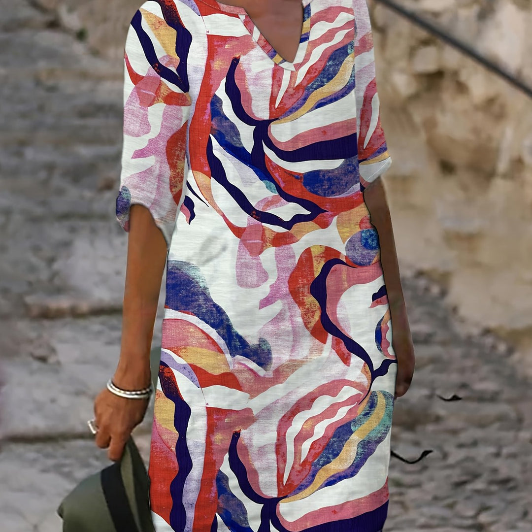 Alexandra | 100% Linen V-Neck Printed Dress