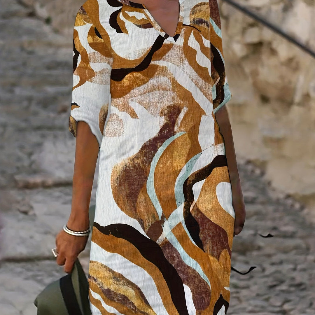 Alexandra | 100% Linen V-Neck Printed Dress