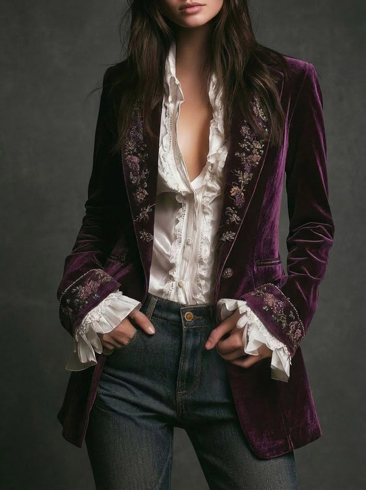 Lindsey | Long Vintage Velvet Jacket with Embroidery