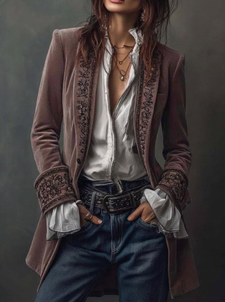 Lindsey | Long Vintage Velvet Jacket with Embroidery
