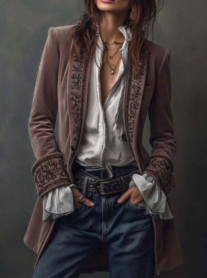 Lindsey | Long Vintage Velvet Jacket with Embroidery