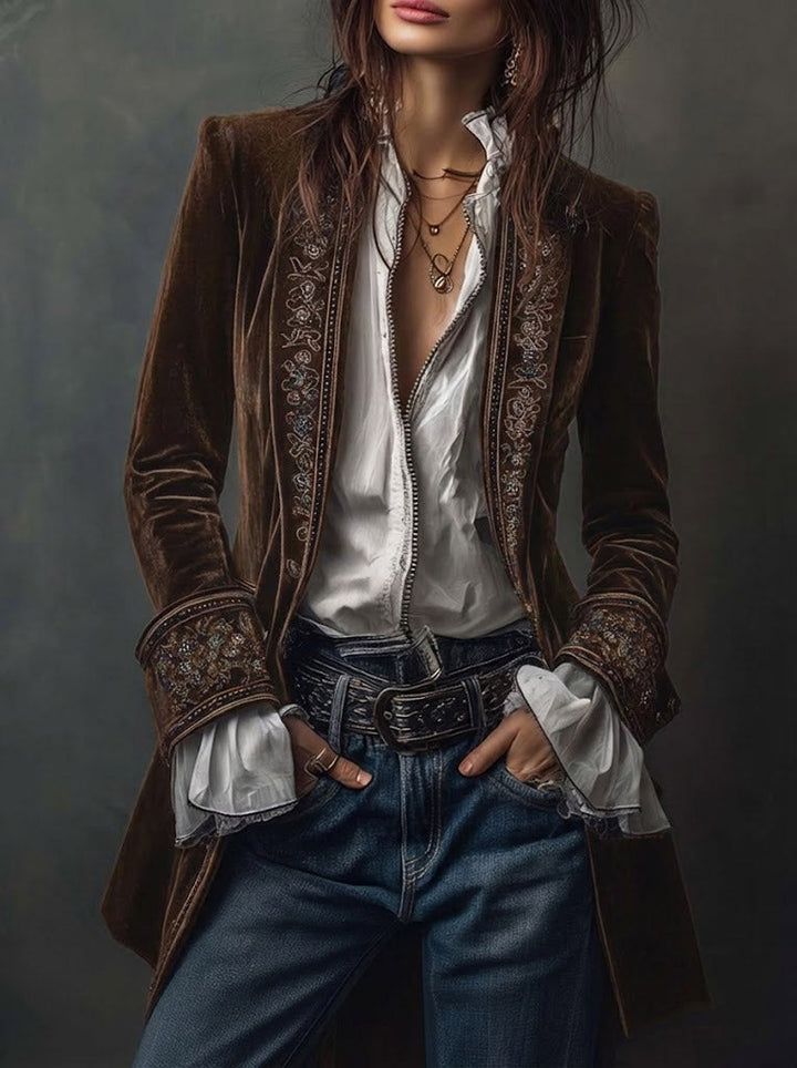 Lindsey | Long Vintage Velvet Jacket with Embroidery