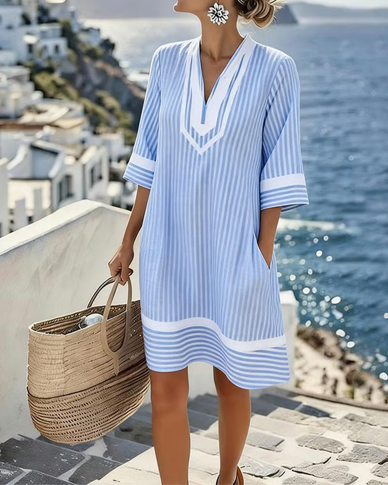Veronica | Cotton blend V-Neck Short Sleeve Striped Dress